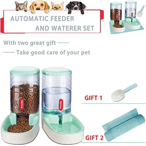 Dogs Cats Automatic Feeder,Small Medium Big Animals Automatic Pet Feeder Set Pet Automatic Water Dispenser and Food Bowl Set,3.8L (Green Waterer+Feeder+Spoon+mat) - Thumbnail 6