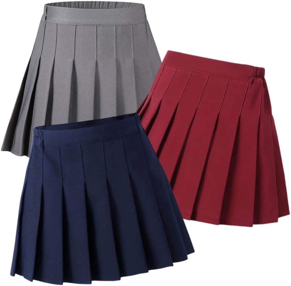 Pack of 3 Girls Pleated Plaid Mini Skirt with Shorts Little Kids Hight Waist School Uniform Skort with Cute Bow