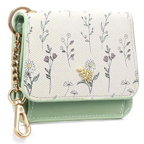 GAEKEAO Small Wallet for Women RFID Blocking Slim Keychian Wallet Floral Vegan Leather Card Holder with Zip Pocket ID Window