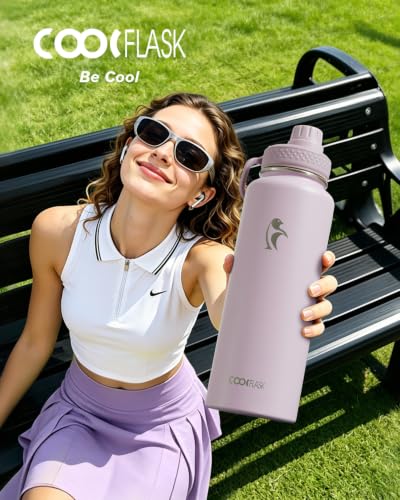 Image of Coolflask 40 oz Water Bottle Insulated with Straw & 3 Leakproof Lids