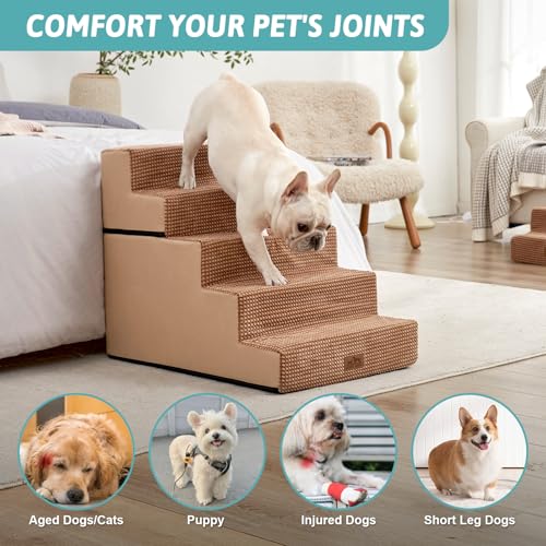 Image of COZY KISS Dog Stairs for Small Dogs, 5 Step Pet Stairs for Beds & Couches | 23.6 inch Extra Wide Non-Slip Dog Steps with Removable Tiers & Support Board for Puppies, Older Cats & Dogs, Light Brown