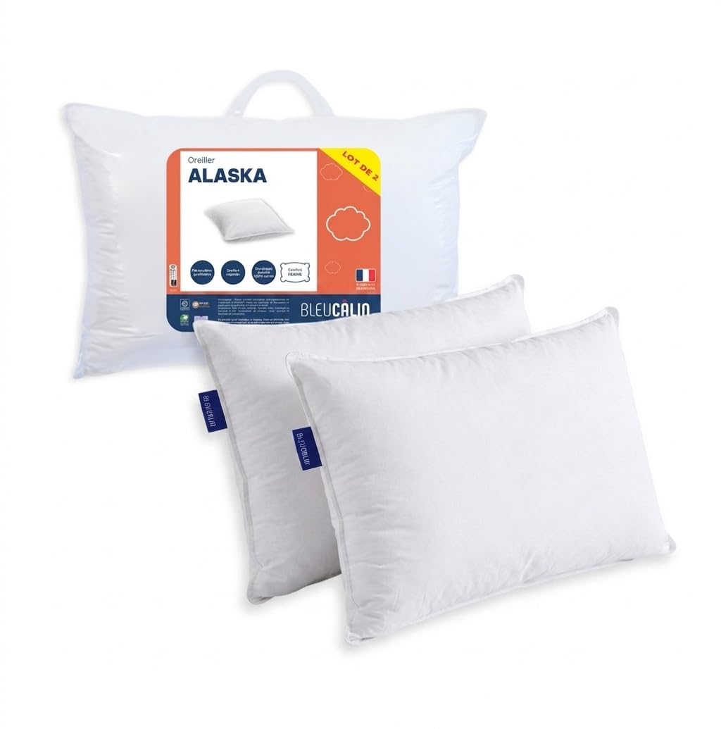 Bleu Calin Lot de 2 Oreillers Confort Ferme 'Alaska', Superbe Gonflant, 50x70 cm, Enveloppe 100% Coton Percale, Blanc, 50x70cm Forme rectangulaire