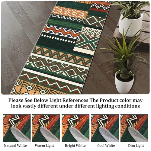 GarveeHome Vintage Patchwork Runner Rug 2x6 Washable Green Runners for Hallway, Non Slip Geometric Carpet, Stain Resistant Tribal Soft Mat, Low Pile Foldable Floor Cover for Entryway Bathroom Bedroom