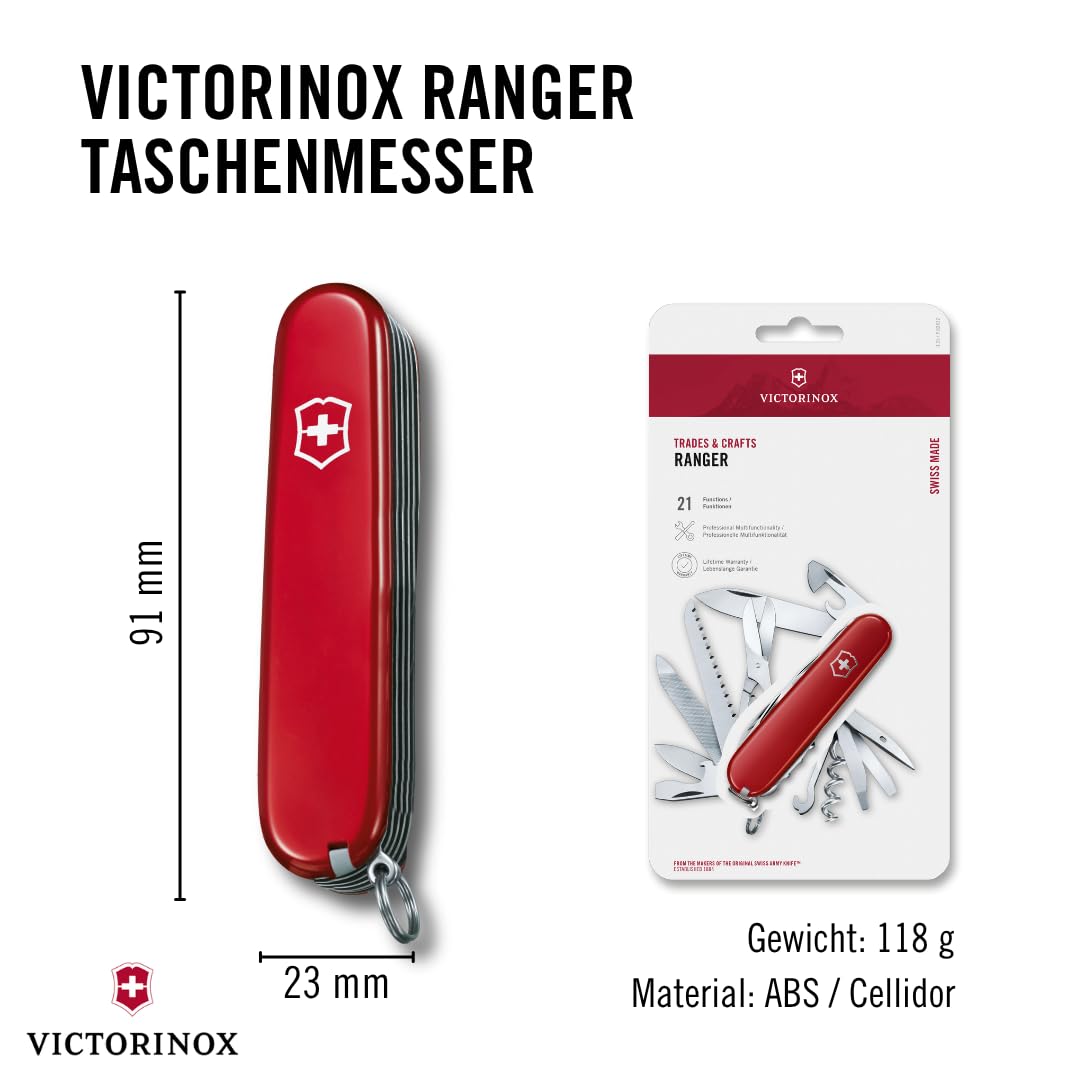 Victorinox Schweizer Taschenmesser, Ranger, Swiss Army Knife, Multitool, Klappmesser, 21 Funktionen, Klinge, Korkenzieher, Dosenöffner