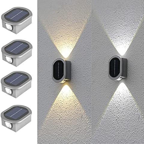 ASLIDECOR Solar Deck Lights Up and Down, 4 Pack Illuminate Outdoor Sunlight Sensor Lamp IP65 Waterproof Modern Decor for Home Garden Porch (Warm White&Cold White) (Silver) Cover