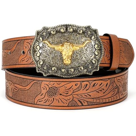 WOWOGO Women Men Western Belts Cowboy Cowgirl Country Belt Longhorn Bull Buckle Floral Embossed Belt for Jeans Dresses Cover