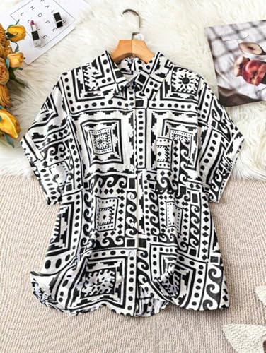 Image of Gufrina Women's Polyester Shirt with Pocket Half Raglan Sleeves Spread Collar Neck Geometric Printed Relaxed Fit and Standard Length