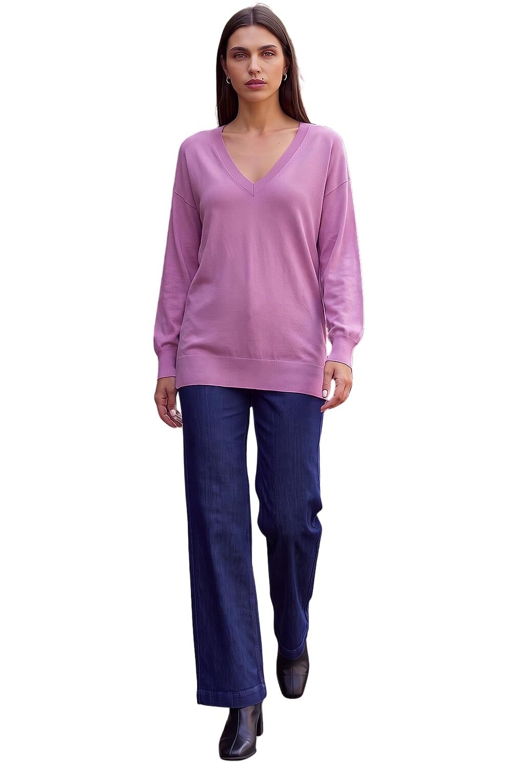 Roman V-Neck Jumper for Women UK Ladies Boyfriend Fit Slouch Sweater Winter Autumn Textured Casual Flattering Knit Pullover Knitwear Daywear Lightweight Lounge
