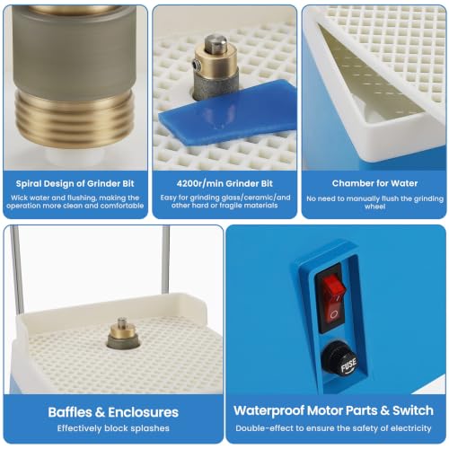 Image of Anbull Stained Glass Grinder Kit, 4300r /min Mini DIY Grinding Tool with 5 /8 inch & 1 inch Diamond Grinder Bit, Acrylic Baffle & Non-Slip Base, 110V 65W Portable Glass Ceramics Tool for Art Craft (Blue)