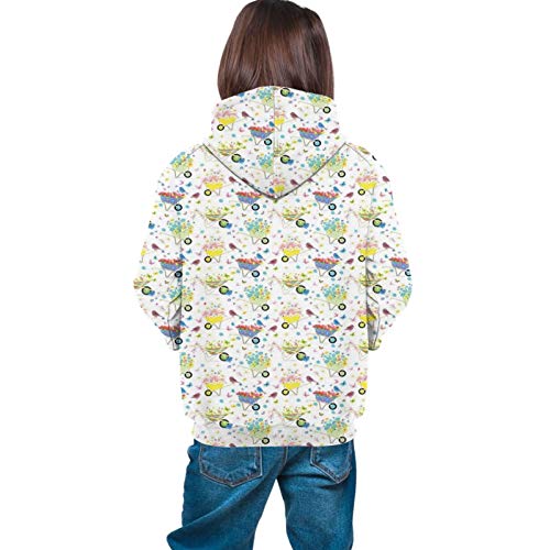 Teen Hoodies Fashion Sweatshirts,Rainbow Striped and Checkered Pattern Wheelbarrows Full of Wild Flowers and Birds XL