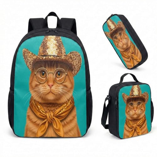 Conjunto de mochila com chapéu de caubói rosa Sakura 43 cm vibrante gato malhado gato malhado bolsa gráfica para mulheres viagem laptop mochila dia dia, 05, Large