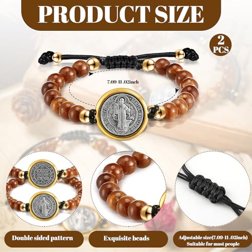 2 Pcs Medal Saint Benedict Bracelet for Women Adjustable Beaded Rosary St Benedict Bracelets Protection Catholic Blessing Jewelry Charm Religious Gifts for Men Women2