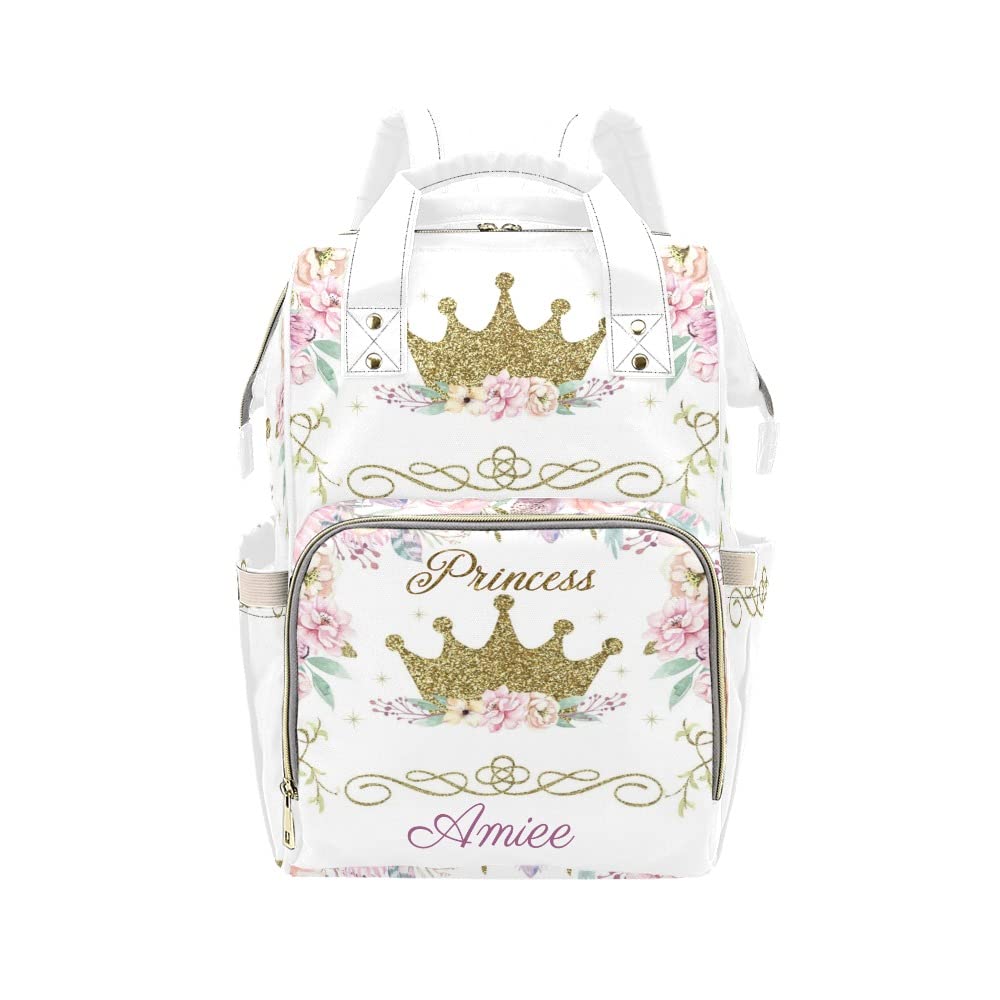 Grandkli Princess Girl Floral Personalized Diaper Bag Multi-Function Backpack Nappy Bag Travel DayPack for Unisex