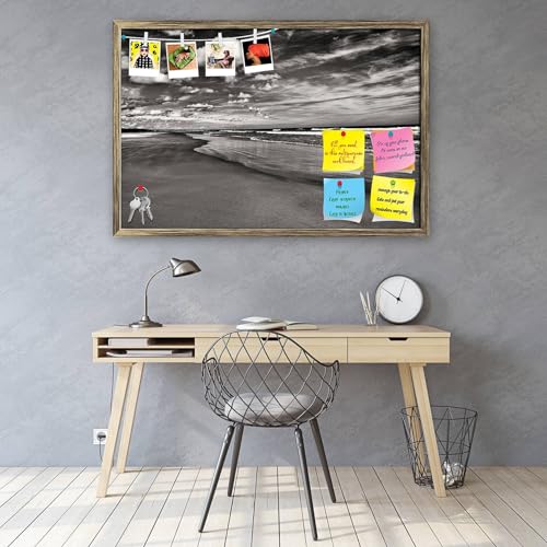 Image of ArtzFolio Sea, Air, & Land Monochrome Contrast | Bulletin Board Notice Pin Board | Vision Soft Board Combo with Thumb Push Pins & Sticky Notes | Antique Golden Frame | 23.5 x 16 inch (60 x 41 cms)