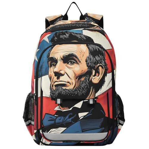 American Flag Abraham Lincoln Backpack Travel Laptop Daypack Shoulder Bag Book Bag Daypack with Reflective Strip 12.9 ×17.7 In