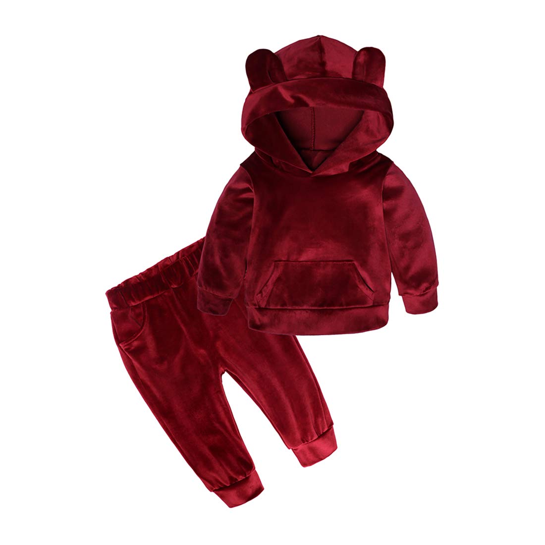 Boys Girls Velvet Hooded Tracksuit Sweatshirt Top + Sweatpants Hoodie Outfit Set