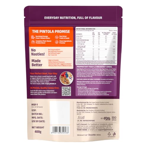 Image of Pintola 25g High Protein Muesli, Fruit & Nut, 400g | Gluten-Free, Naturally Sweetened with Organic Jaggery & Dates, 22% Fruits, Nuts & Seeds, No Refined Sugar, Healthy Breakfast Cereal