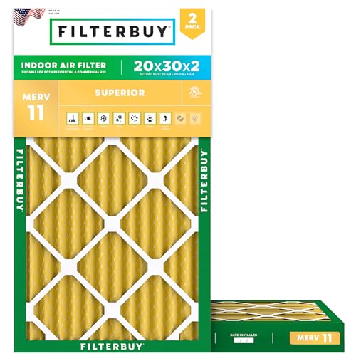 Filterbuy 20x30x2 Air Filter MERV 11 Superior Pet & Allergy Defense (2-Pack) Electrostatic Pleated HVAC AC Furnace Filters Replacement Made in USA (Actual Size: 19.75 x 29.75 x 1.75)
