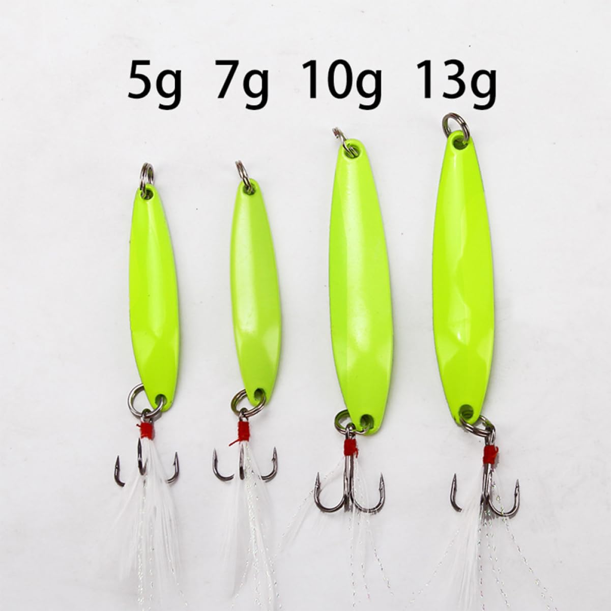 Esca da Pesca Luminosa in Metallo 12 Pezzi, 5g 7g 10g 13g | Verde Chiaro, Effetto Luminoso e Resistente, per Pesca Notturna, Adatta a Calamari e Pesci