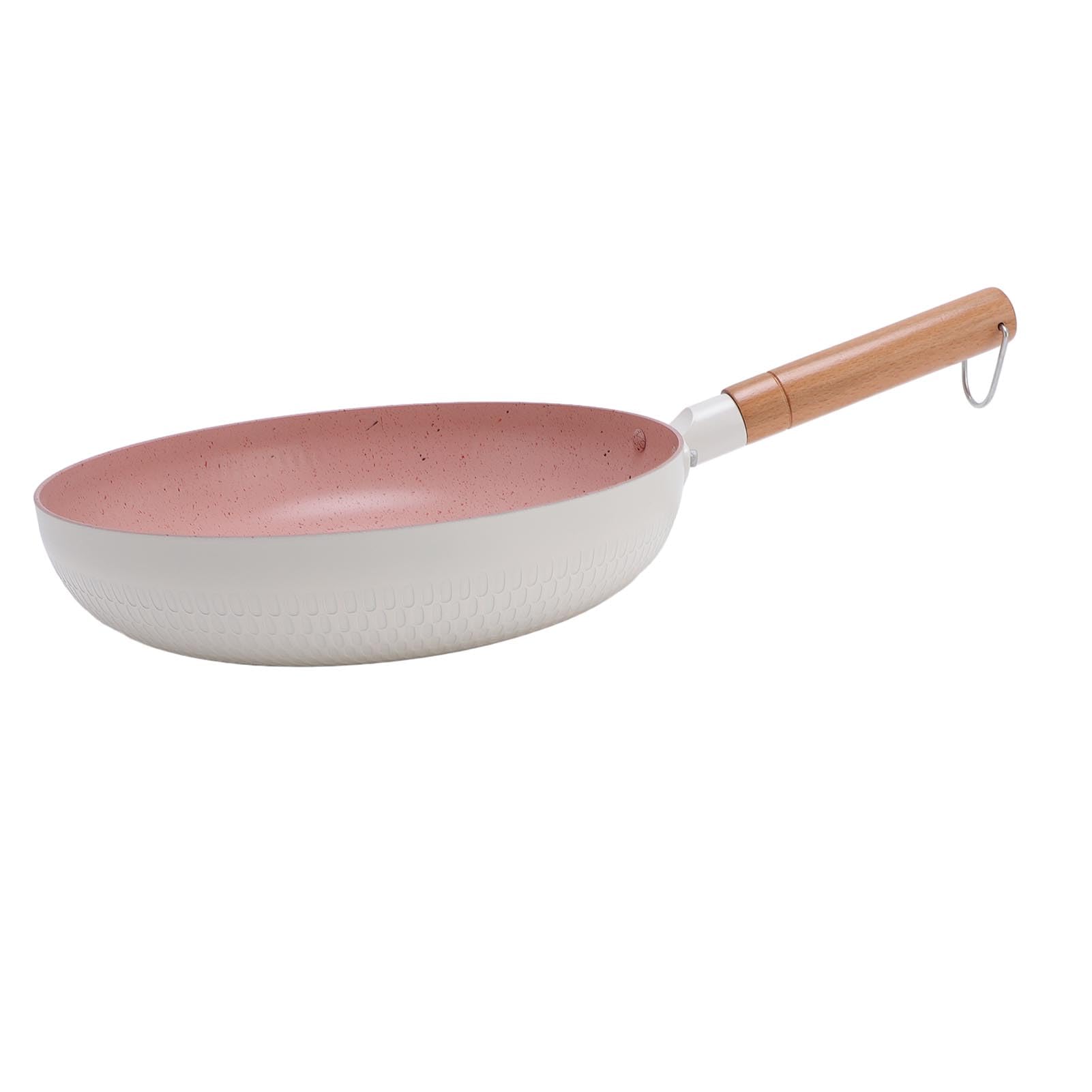 Poêle à frire antiadhésive blanche en alliage d'aluminium, pour tables de cuisson à Induction, poignée ergonomique en bois massif, légère et multifonctionnelle (26CM)
