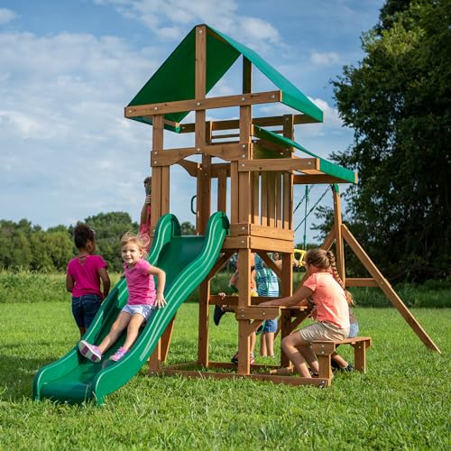 Image of Backyard Discovery Belmont Cedar Wood Swing Set with Wave Slide, Play Deck, Rock Wall Ladder, Snack Bar Window, Shaded Picnic Area, Bench, Belt Swings, Trapeze, Sandbox Area, Canopy, Outdoor Playset