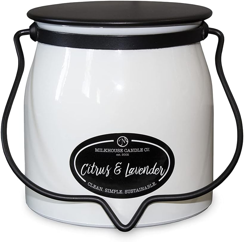 Milkhouse Candle Company Citrus & Lavender Soy Candle - Tart Citrus | Lavender Buds | Soft Herbal Undertones Scented - 16 oz Butter Jar with Lid, 65+ Hour Burn Time, Made in the USA