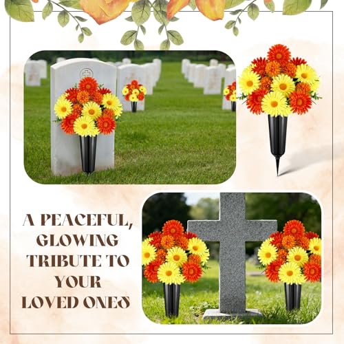 Image of 4 Set Fall Cemetery Flowers for Grave Artificial Mum with Vase
