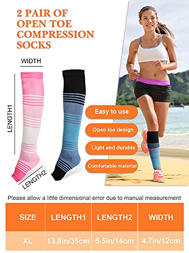 Image of Geyoga 15-25 mmHg Open Toe Compression Socks Calf Toeless Compression Socks for Women or Men Sports, Circulation, Travel, Large Size (Pink White, Blue Black,2 Pairs)