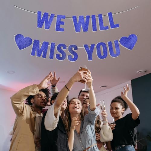 Image of Pre-strung We Will Miss You Banner - Navy Blue Glitter, Happy Retirement Going Away Party Decorations, Farewell Coworker Leaving Goodbye, Graduation, Good Luck Army Party Sign
