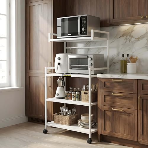 Image of 4-Tier Microwave Oven Stand with Wheels | Heavy-Duty Metal Kitchen Storage Rack for Microwave, OTG, Air Fryer & Appliances | Multipurpose Organizer Trolley (MS 4 White)