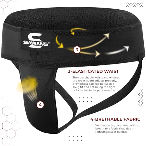 SAWANS Tiefschutz für Boxen, Kickboxen, MMA, Bauchschutz, Herren, schweißabsorbierend, belüftet, verstellbare Unterwäsche, Taekwondo, Sparring, Tiefschutz, Jockstrap Jiu Jitsu, BJJ Schutz (XL, Schwarz