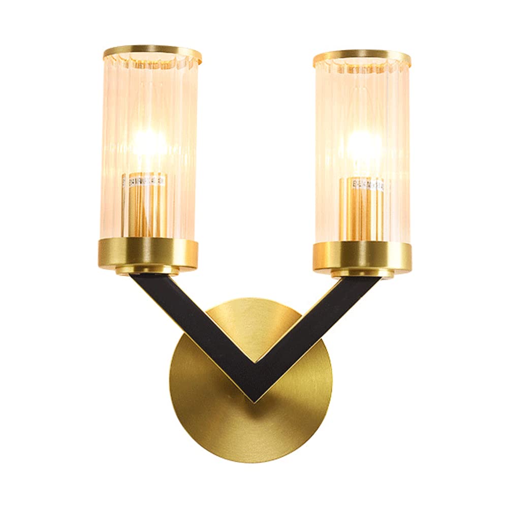 CWCQGH Wall Sconces, Retro Industrial Wall Lamp, Black Brass Living Room Wall Sconce with Cylindrical Glass Lampshade, Socket*2, Simple Corridor Bedroom Decorative Lighting Wall Lights