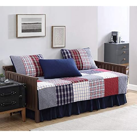 Grizzly 5-Piece Plaid Checkered Patchwork Quilted 100% Washed Cotton Reversible Quilt Set, Daybed Size Cover