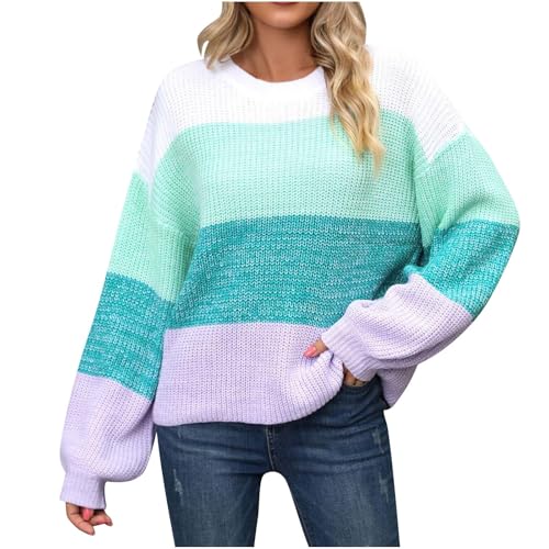 Womens Striped Color Block Sweater Long Sleeve Crewneck Casual Loose Fit Soft Knit Sweater Soft Jumpers Pullover Tops