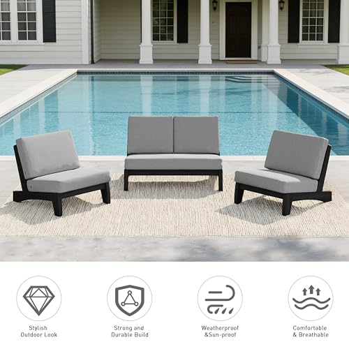 Image of Pia Ricoo 4 Piece Patio Furniture Sets, Outdoor Loveseat Sofa Set with 2 Chairs & Coffee Table, Patio Conversation Set for Backyard, Deck, Lawn, Gray, Dark Wood