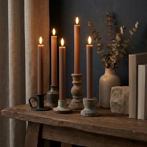 Image of 10 inch Fluted Ribbed LED Brown Tan Grooved Real Wax Taper Candles, Remote & 24h Timer Memory, On /Off Switch - Flameless Dimmable Battery Operated w /Flicker Mode, Home Wedding Decor (6 Pack)