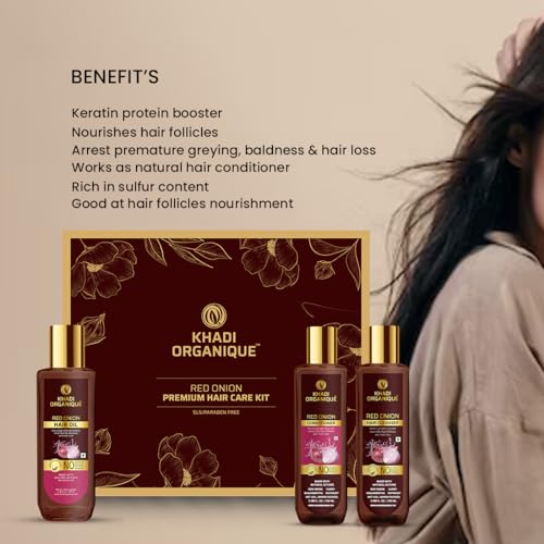 Image of Organique Red Onion Hair Oil, Cleanser & Conditioner Hair Care Kit For Hir Growth Control Hair Fall, Dandruff & Repairs Damaged Hairs (Pack of 3) 600 ml