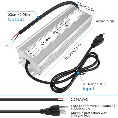 Image of LightingWill LED Driver 150 Watts Waterproof IP67 Power Supply Transformer, 90-265V AC to 12V DC Low Voltage Output, Adapter with 3-Prong Plug 3.3 Feet Cable for Outdoor Use, Computer Project