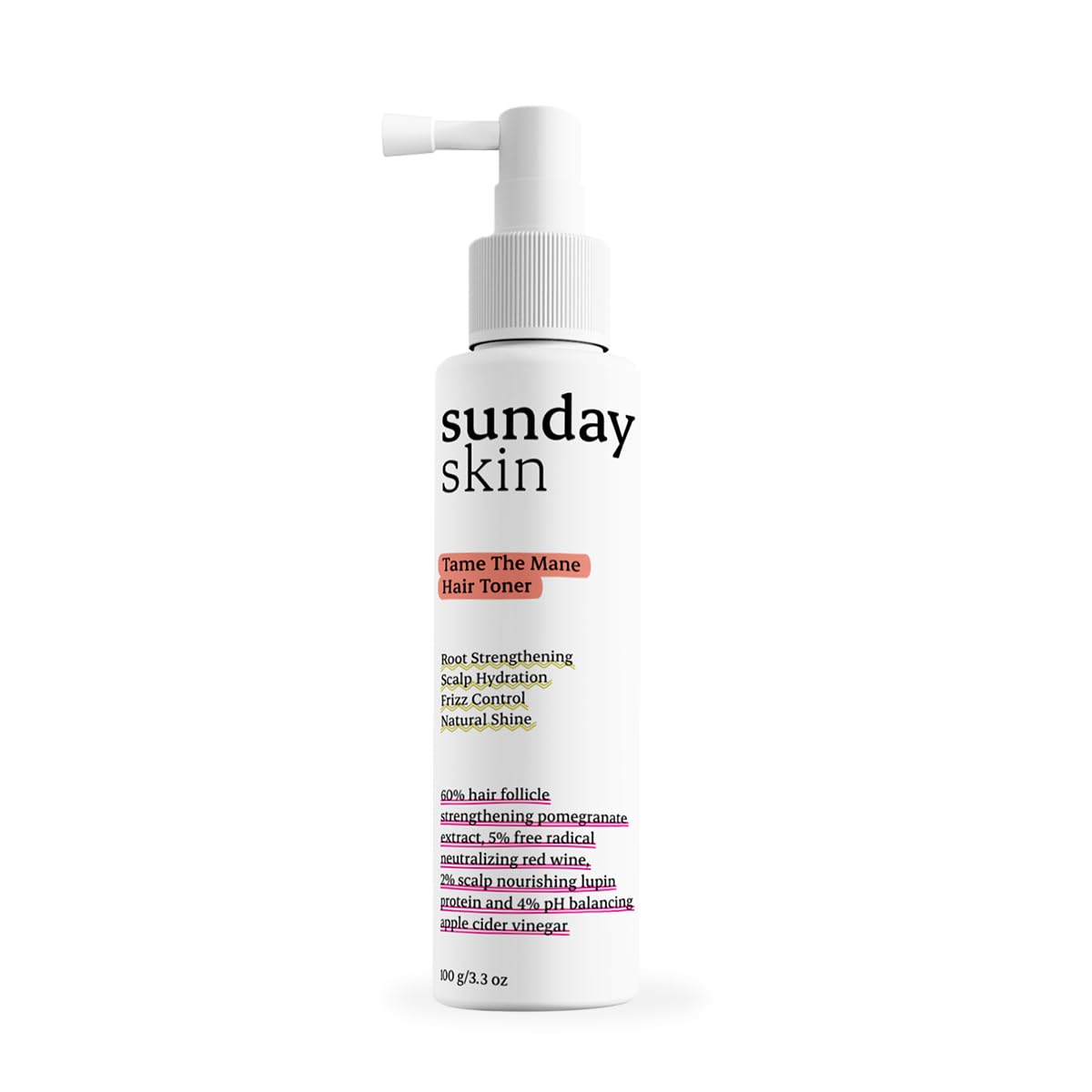Sunday Skin Tame The Mane Hair Toner for Frizzy & Dry Hair | Dry scalp Treatment which Provides Intense Scalp Hydration | Pomegranate Extract, Red Wine, Lupin Protein & Apple Cider Vinegar Helps Repair Sun Damaged Hair | All Hair type | 100ml