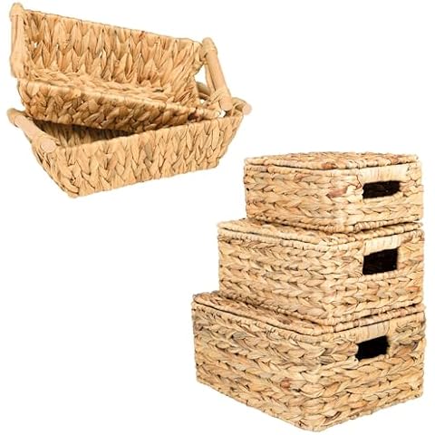 OEHID Water Hyacinth Storage Baskets, 2 Pack Wicker Storage Basket with Handles + 3 Pack Wicker Storage Baskets with Lid for Organizer Shelves Cover