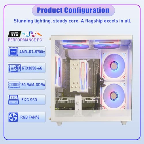 Image of suevery Gaming PC Desktop, Ryzen 7 5700X,RTX 3050 6GB,16GB DDR4, 512GB SSD | Prebuilt Computer Up to 4.6GHz, WiFi 6 High-Performance Tower for Gaming, Live Streaming, Video Editing & Home Office -White