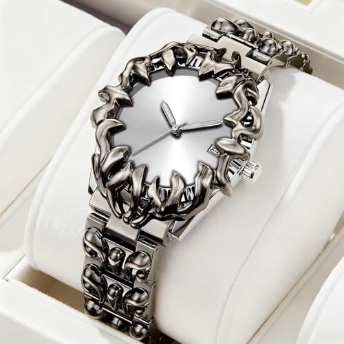 Image of CARLIEN Gothic Claw Watch for Men - Unique Stainless Steel Wristwatch, Luminous Hands, Waterproof Quartz Movement, Futuristic Melting Style, Cool Red & Green Color Options