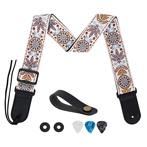 Tifanso Guitar Strap Jacquard Weave Guitar Strap with Genuine Leather Ends - Soft Adjustable Acoustic Guitar Strap for Electric Bass, Come With Strap Button, 1 Pair Strap Locks and 3 Guitar Picks