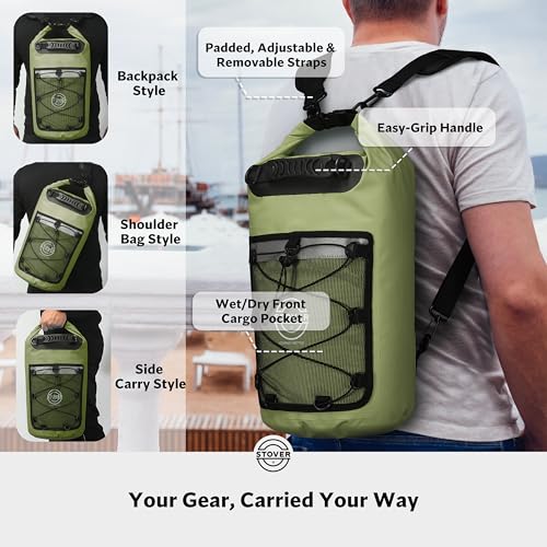 Image of STOVER 5 /10 /25 /30 /40L Waterproof Dry Backpack & Phone Case- Large Floating Dry Bag for Kayaking, Travel, Hiking, Fishing, Camping, Motorcycles & Beach, Heavy-Duty Roll Top Men /Women (Green)