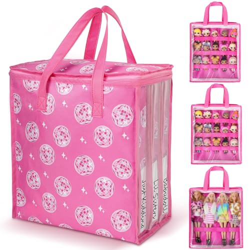 4 Pack Doll Storage Organizer Compatible with Barbie Dolls - 12-Inch & LOL Surprise Dolls Portable Toy Storage Bags with Handles & Labels Travel Carrying Case for Girls Doll Accessories Organizer