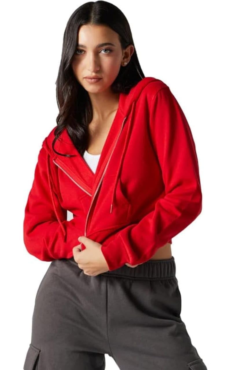 talitha fashion Soft Fleece Solid Long Sleeve Drawstring Crop Zipper Jacket Hooded Full Zip Up Sweatshirt for Women's Girl's Winter Wear Crop Hoodie-picture-48
