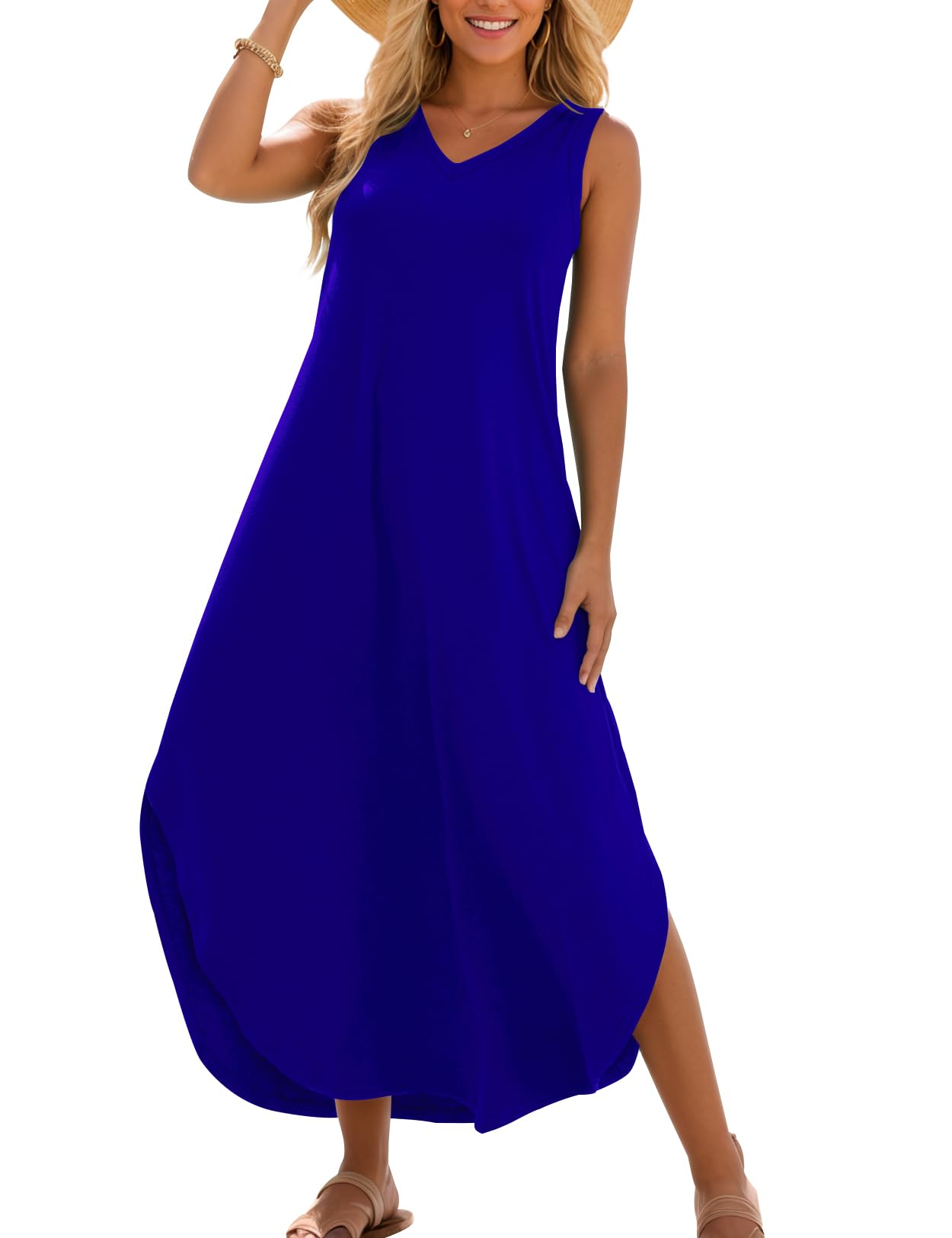 Zilcremo Women Summer Sleeveless Dress Casual V Neck Loose Split Tshirt Long Dresses