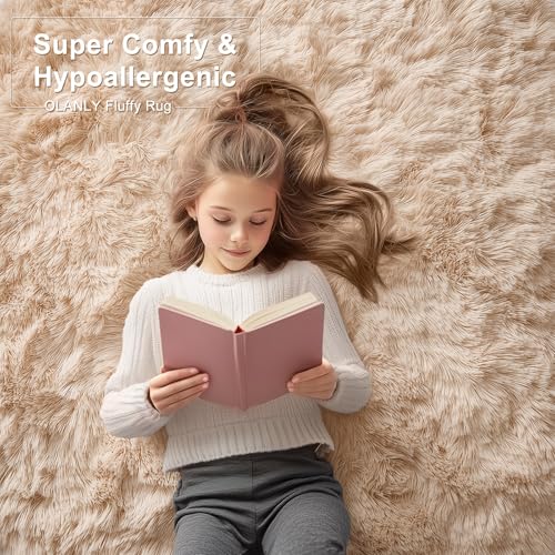 OLANLY 8x10 Machine Washable Large Area Rugs for Living Room, Bedroom, Soft Fluffy Shaggy Bedside Rug, Indoor Floor Carpet for Kids Girls and Boys, Dorms, Nursery, Home Decor Aesthetic, Beige