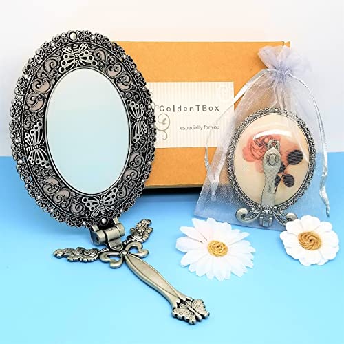 T-Box Goldentbox Vintage Antique Decorative Metal Handheld Portable Cosmetic Mirror Gift Set Of 2 For Traveling, Birthday, Wedding Anniversary, Valentine's Day, Mother's Day(Matte Gray) #TOP6
