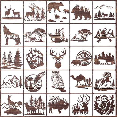 25 Pcs Forest Animal Stencils Wood Burning Stencils Bear Deer Wolf Wildlife Mountain Pine Template for Painting on Wood Wall Fabrics